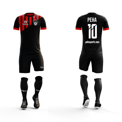 Stroje piłkarskie z nadrukiem PEHA Calcio czarno-czerwone