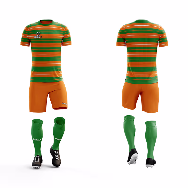 Strój piłkarski dla dzieci PEHA Fortaleza zielono-pomarańczowo-biały